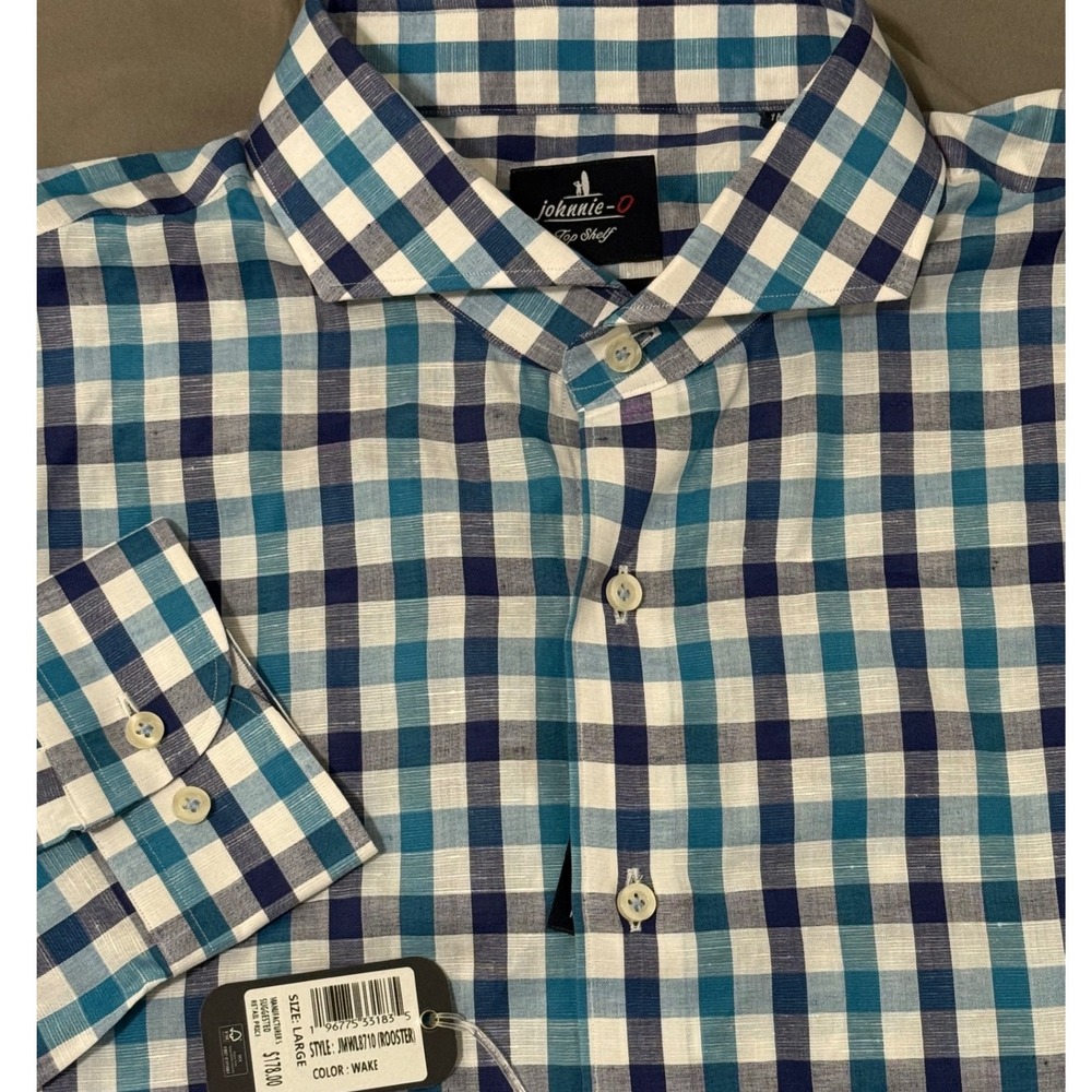 Johnnie-O Top Shelf Shirt‎ Mens Large Linen Blend Check Plaid Button Down